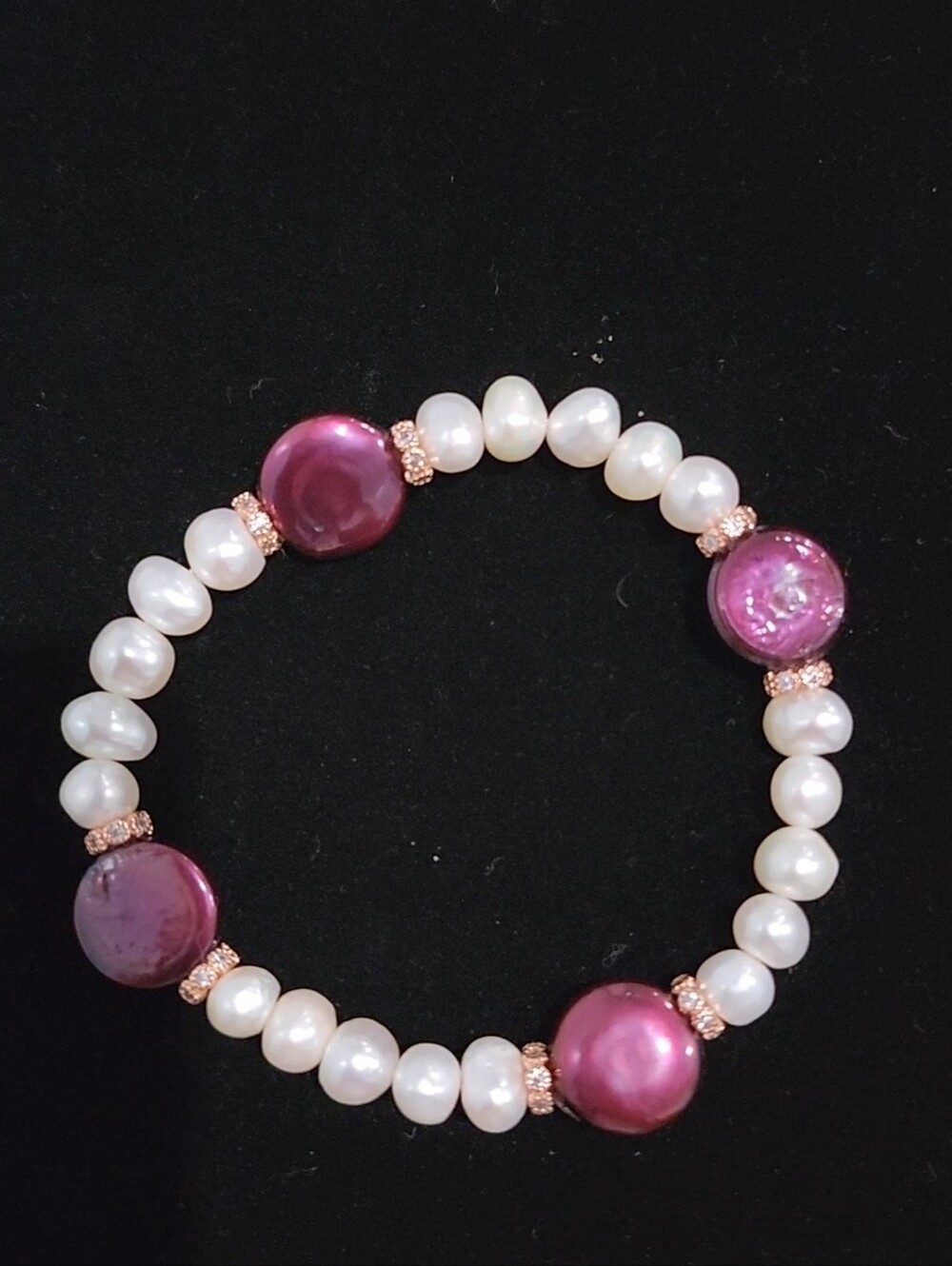 Freshwater Pearl & Color Enhanced Burgundy Coin Bead Stretch Bracelet